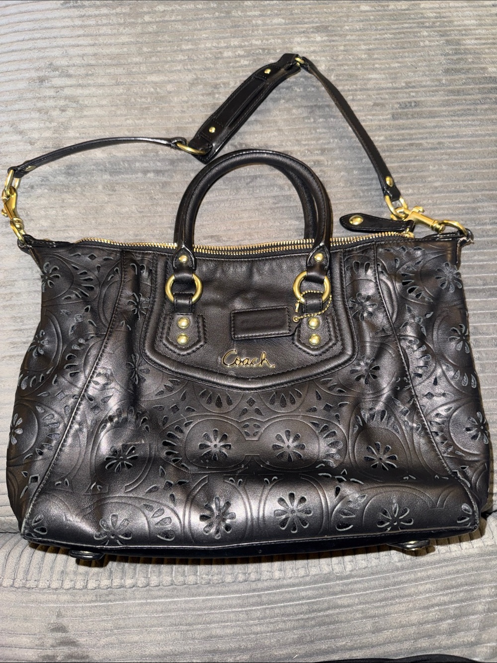 Coach Black Floral-Embossed Leather Satchel with Gold Hardware